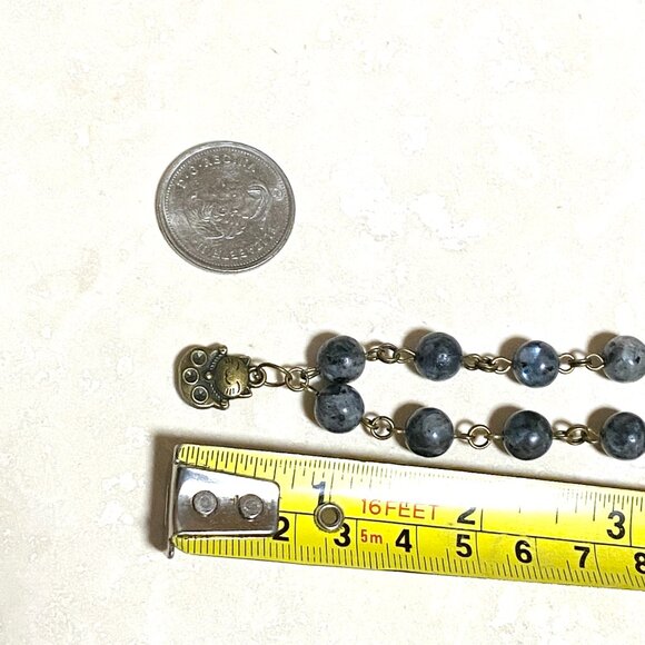 Natural Dark Larvikite Necklace, Bronze Fortune Cat + Genuine Gemstone Choker - Picture 12 of 14